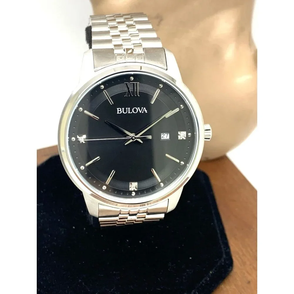 Bulova Men's Watch 96D151 Quartz Diamond Accent Black Dial Stainless Steel 41mm